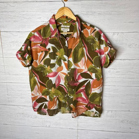 Rachel Zoe Top Womens Size Medium Colorful Floral Foliage 100% Linen Button Down - Picture 4 of 16